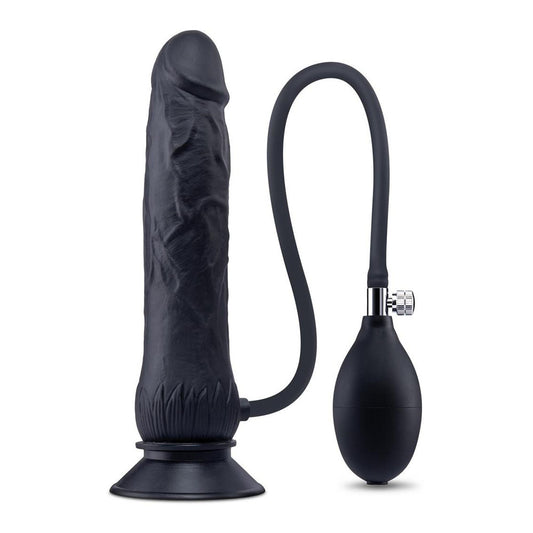 Close up showing the realistic silicone shaft, balls, pump bulb, tubing and suction base arranged ready for lubed anal play.