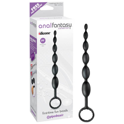 Close-up of smooth, graduated silicone beads in black with a flexible retrieval loop, shown against a neutral background
